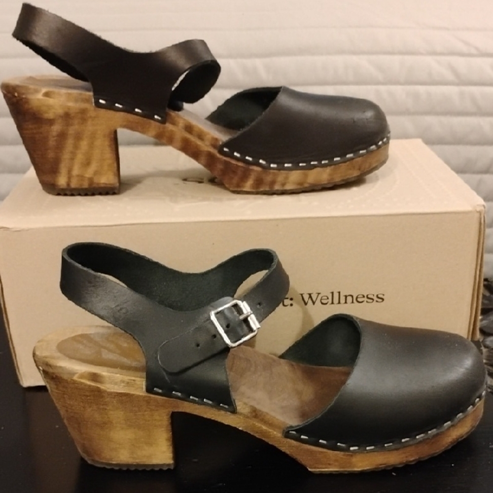 Lotta From Stockholm Highwood Leather Strapped Black Clogs Size 42 Euro/ 10.5 US